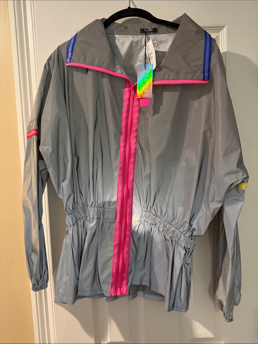 Gray Windbreaker Jacket with Pink Trim